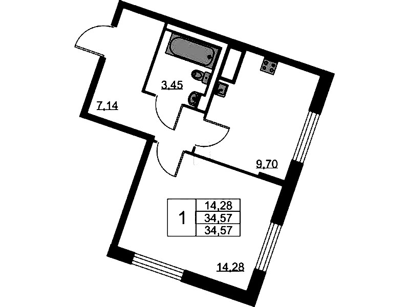 1-комнатная квартира 34.57 м², 2/11 эт., ЖК «Квартал Лаголово»
